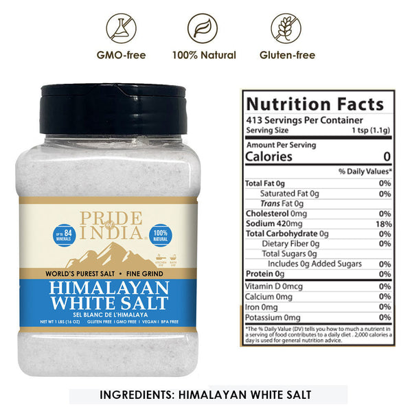 Himalayan White Salt by Pride Of India - 1lb - Rarest & Enriched W/84+ Natural Minerals- Low Sodium- Mineral Rich Nutrition and Enhanced Taste- Healthier Table Salt Substitute