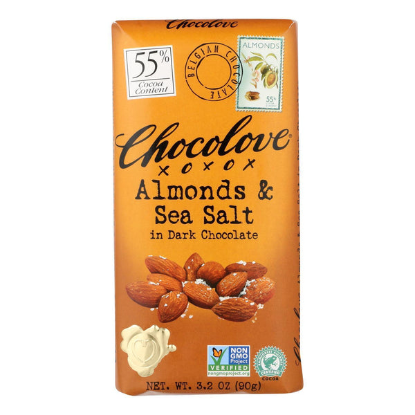 Chocolove Xoxox - Premium Chocolate Bar - Dark Chocolate - Almonds And Sea Salt - 3.2 Oz Bars - Case Of 12