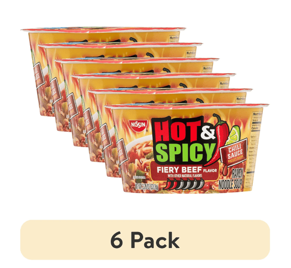 (6 pack) Nissin Foods Hot & Spicy Ramen Noodle Soup, Fiery Beef Flavor, 3.28 oz Bowl, Shelf-Stable