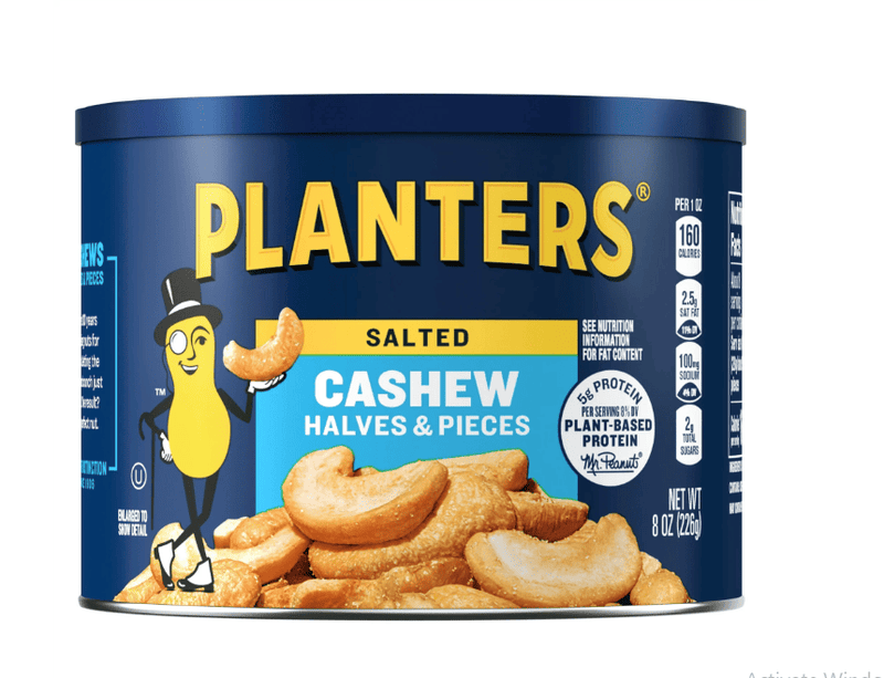 PLANTERS Salted Cashew Halves & Pieces, Party Snacks, Plant-Based Protein 8oz Steel Can (1 Canister)