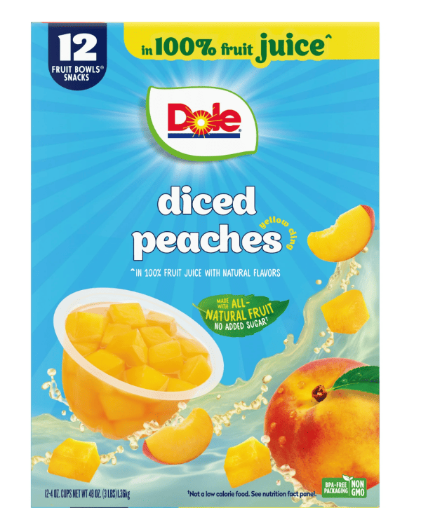 Dole Fruit Bowls Yellow Cling Diced Peaches in 100% Fruit Juice, 4 Oz Bowls, 12 Cups of Fruit