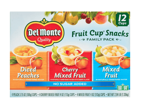 (12 Cups) Del Monte Fruit Cup Snacks, Family Pack, No Sugar Added, 4 oz