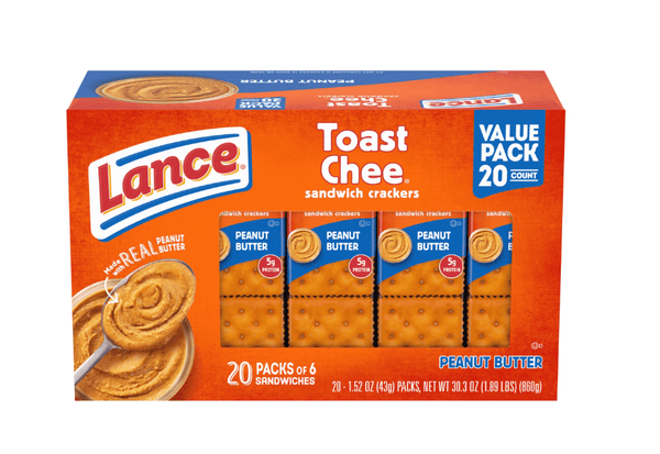 Lance Sandwich Crackers, ToastChee Peanut Butter, 20 Individually Wrapped Packs, 6 Sandwiches Each