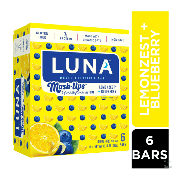 LUNA Mash-Ups - LemonZest + Blueberry Flavor - Gluten-Free - Non-GMO - 7-9g Protein - Made with Organic Oats - Low Glycemic - Whole Nutrition Snack Bars - 1.69 oz. (6 Pack)