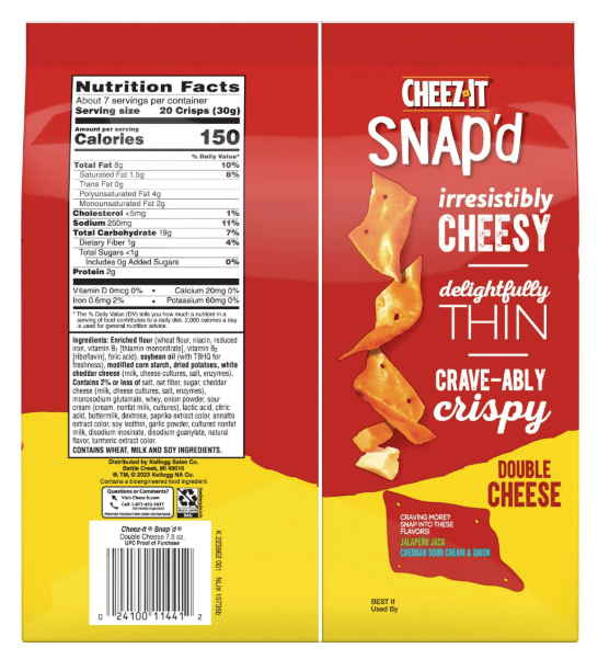 Cheez-It Snap'd Double Cheese Cracker Chips, Thin Crisps, 7.5 oz (2 pack)