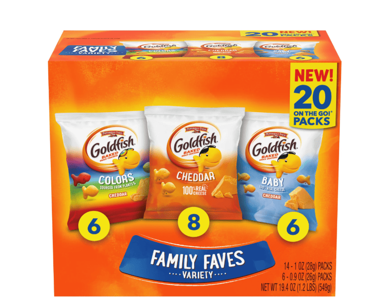 Goldfish Family Faves Crackers, Cheddar, Colors and Baby Crackers Snack Pack, 0.9 oz, 20-CT Variety Pack Box